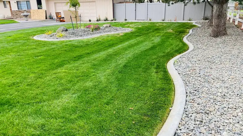 Curved poured concrete curbing between a green lawn and a grey river rock bed